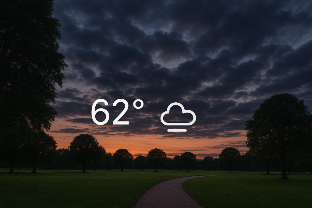 A cloudy evening sky with a warm sunset over a park, showing a temperature of 62 degrees.
