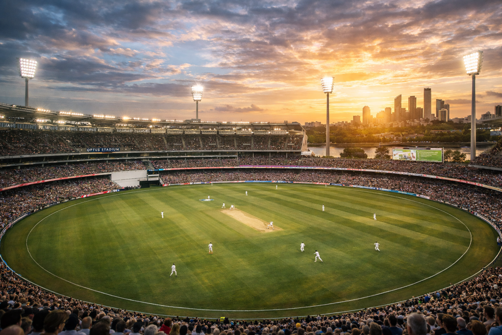 Wide-angle view of Optus Stadium Perth during a cricket match at sunset, showing fast pitch, large boundaries, packed crowd, and Perth skyline.