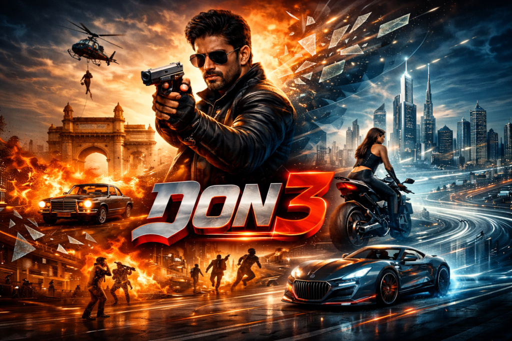 Don 3 movie poster with Ranveer Singh holding a gun, helicopter, speeding car, motorbike, explosions, and futuristic city in the background.