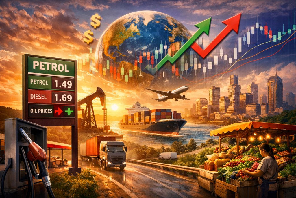 Illustration of rising petrol prices affecting global trade, transportation, food markets, and economic trends.