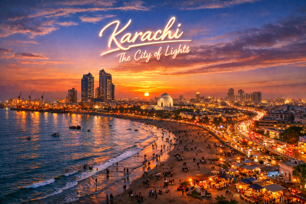 Karachi city skyline at sunset by the Arabian Sea, showing Clifton Beach, city lights, and Mazar-e-Quaid
