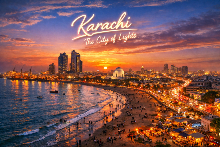 Karachi city skyline at sunset by the Arabian Sea, showing Clifton Beach, city lights, and Mazar-e-Quaid
