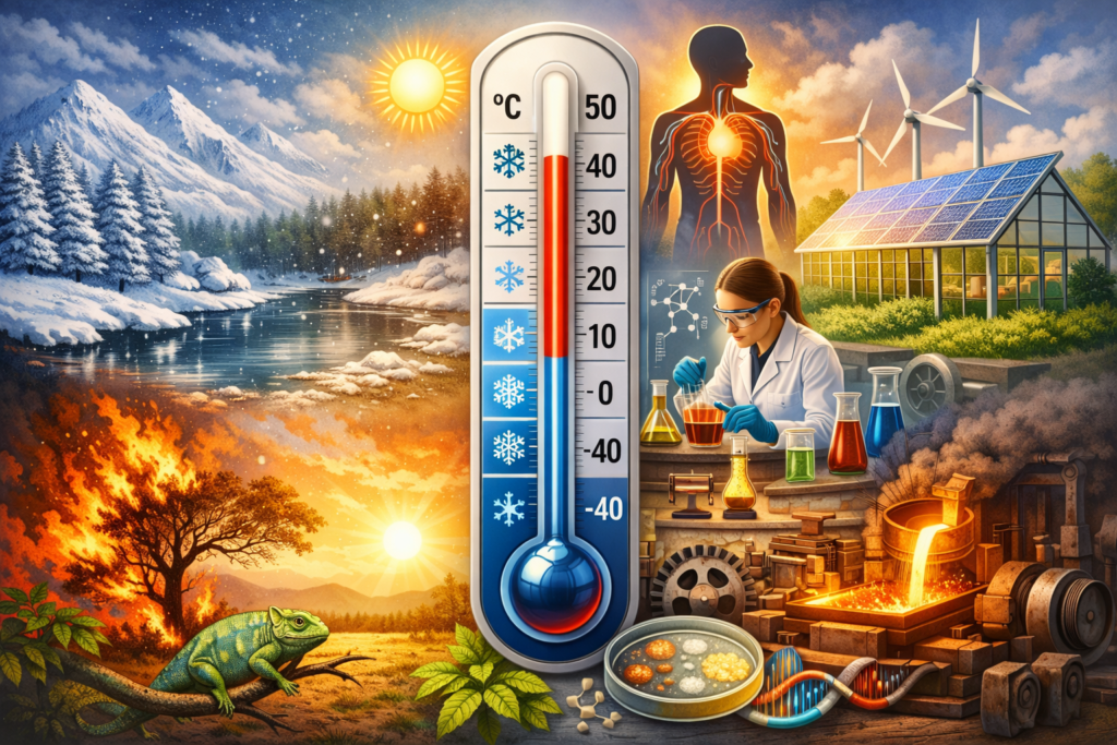 Illustration showing the importance of temperature in nature, human body, climate, science, and industry using a central thermometer