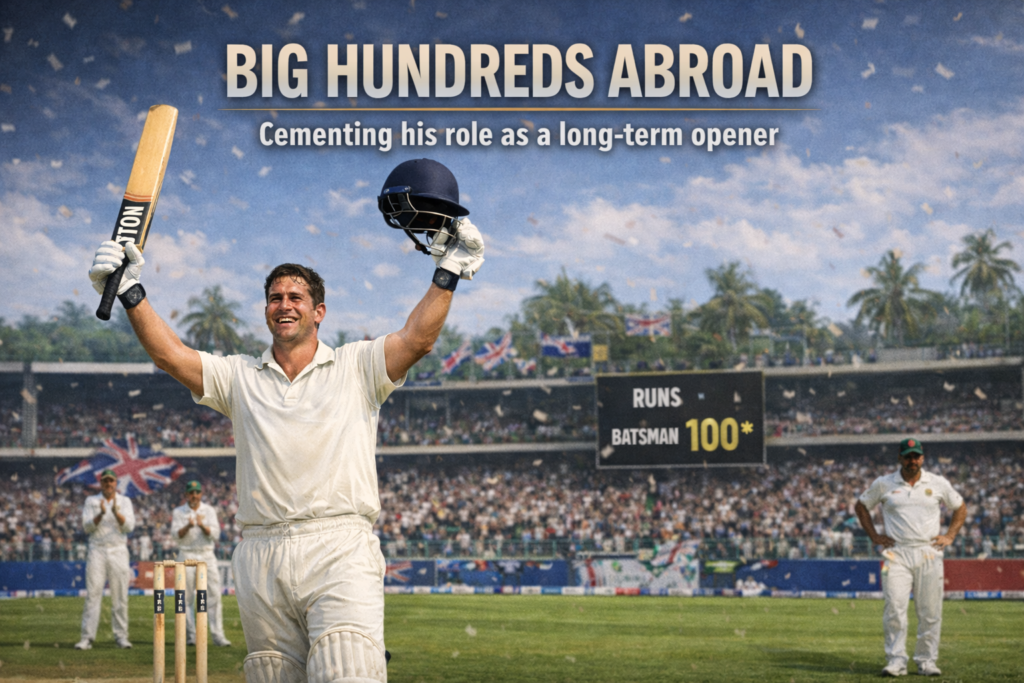 Cricket opener celebrating an overseas Test century by raising bat and helmet in front of a packed stadium.
