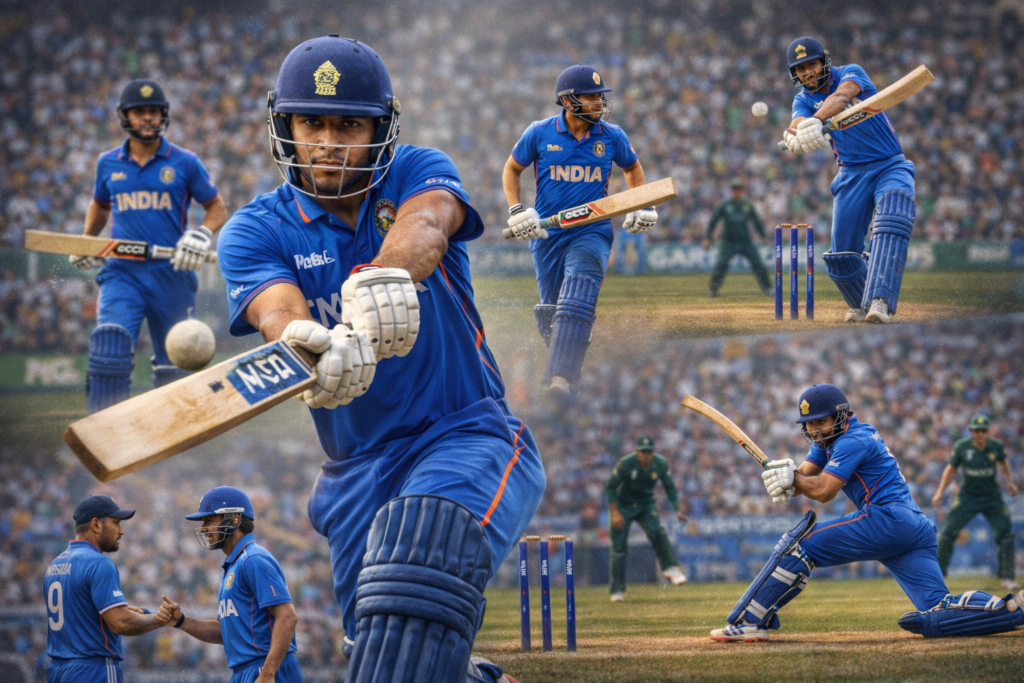 Collage of Indian U-19 cricket players in blue uniforms batting and running during a match in a crowded stadium.