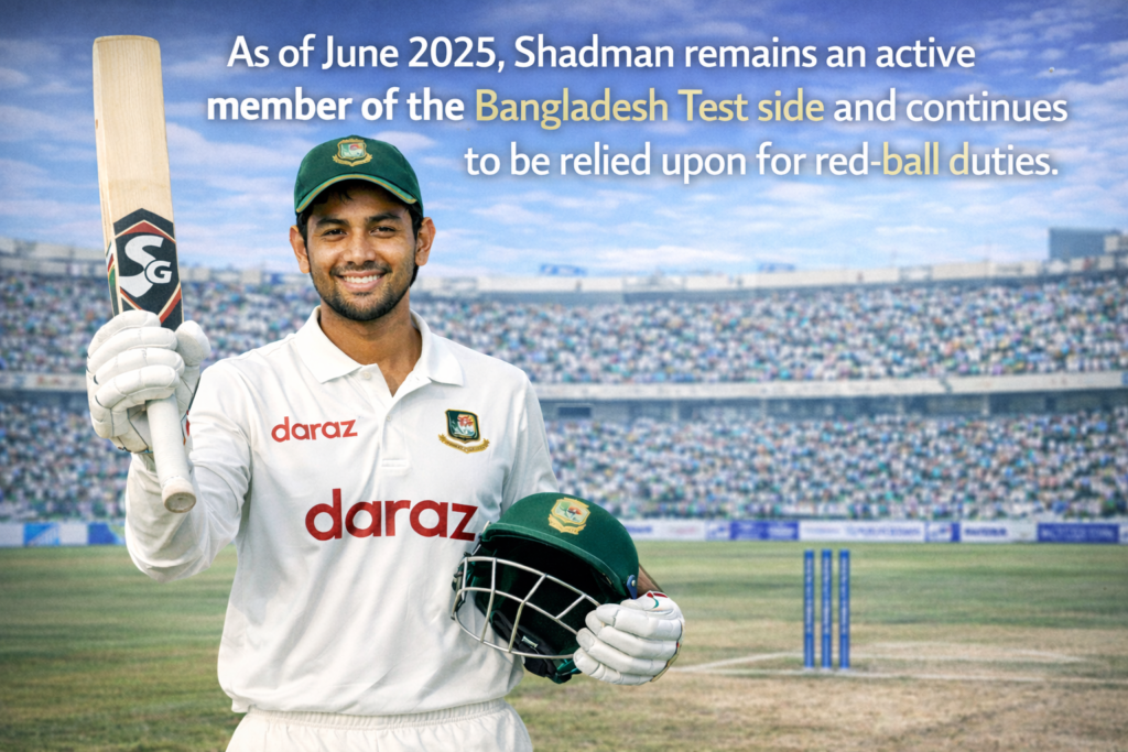 Shadman Islam holding bat and helmet in Bangladesh Test whites, highlighting his ongoing role in the national red-ball side.