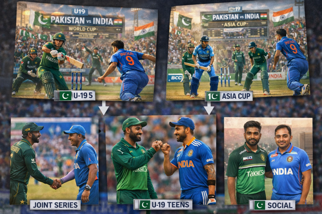 Collage showing Pakistan U-19 vs India U-19 matches in World Cups, Asia Cups, joint series, and senior player interactions
