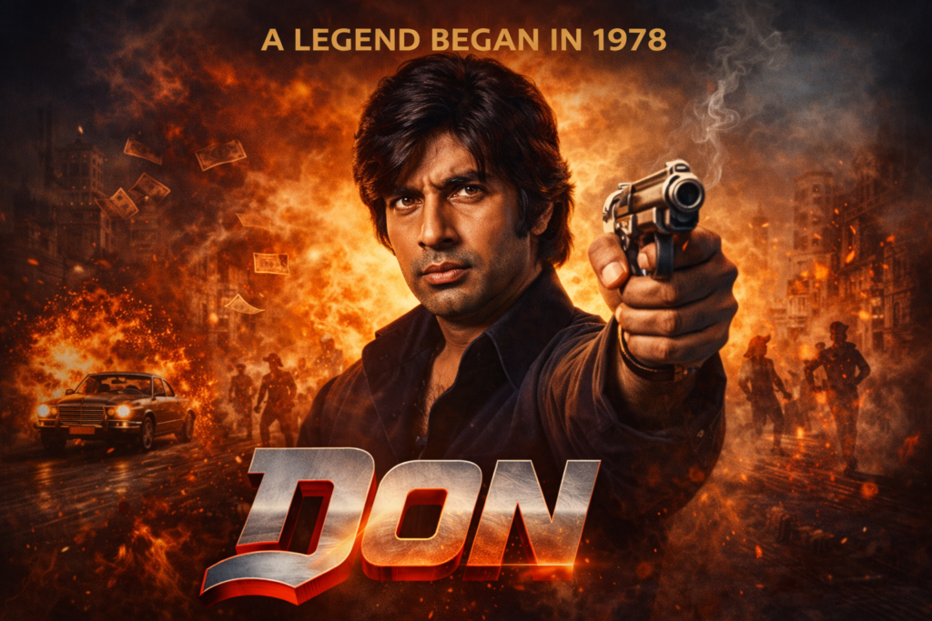 A dramatic movie poster featuring a man pointing a gun toward the viewer with a fiery city backdrop, scattered money, explosions, and the title “DON” in bold metallic letters.