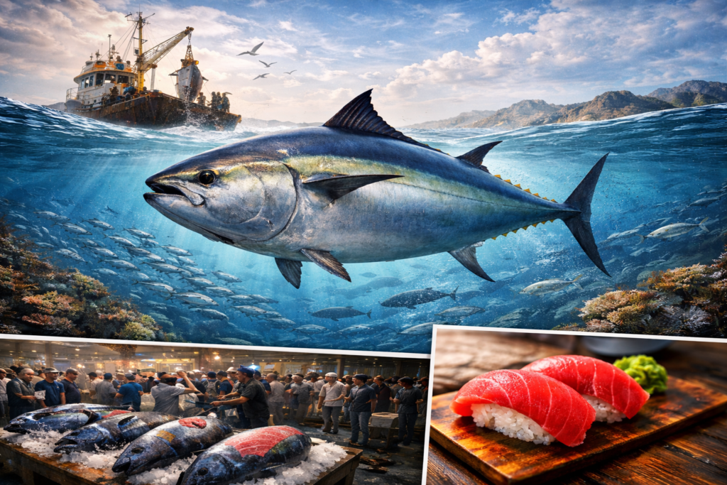 A massive bluefin tuna swimming in the ocean, with a fishing boat above, a tuna auction market below, and premium tuna sushi pieces displayed