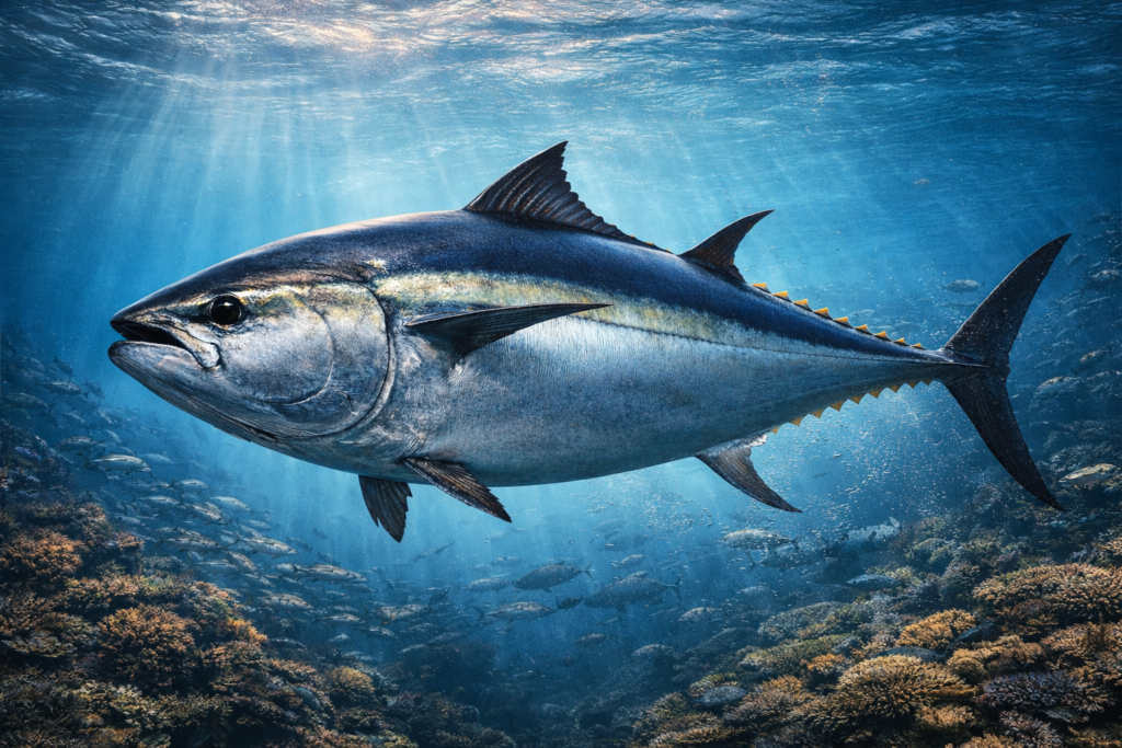 A large bluefin tuna swimming underwater, showing its deep blue upper body, silver belly, and powerful streamlined shape