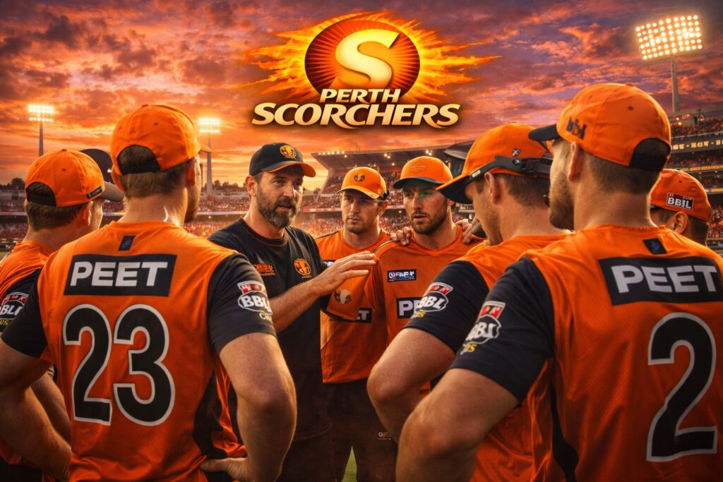 Perth Scorchers coach guiding players during a team huddle, highlighting discipline, leadership, and unity in the Big Bash League