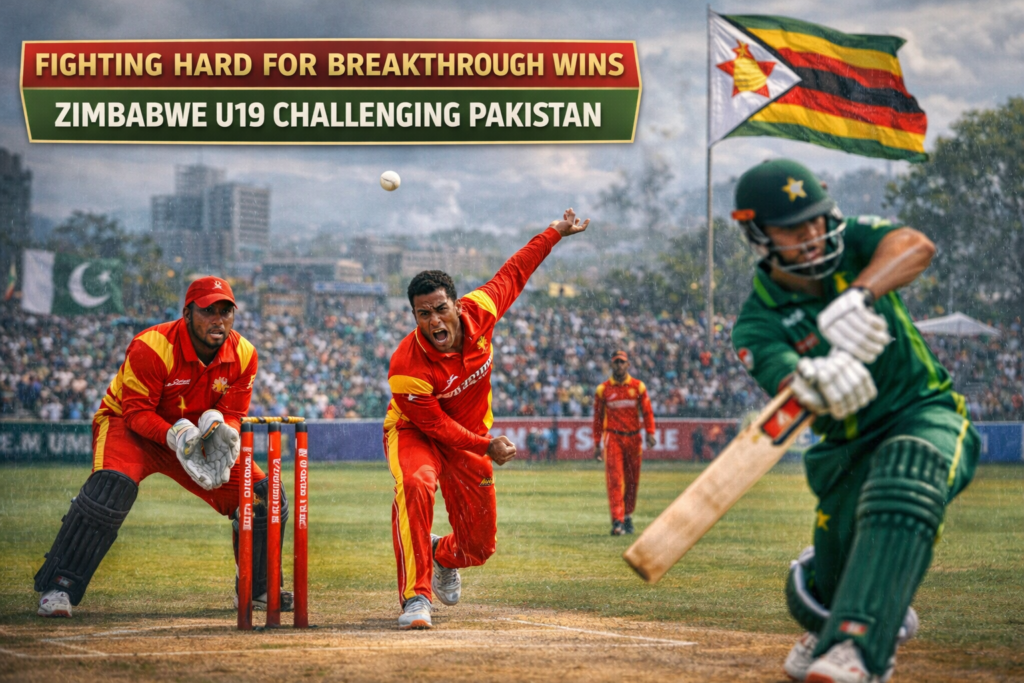 Zimbabwe U19 bowler delivers the ball as Pakistan U19 batsman plays a shot during an intense youth international cricket match.