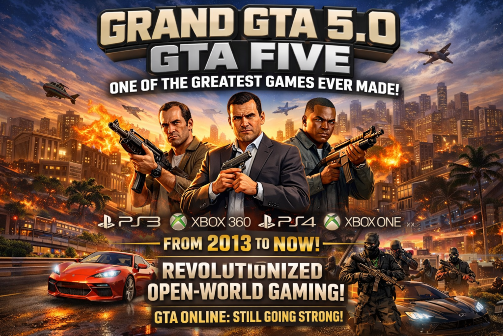Grand Theft Auto V GTA 5 showing Michael, Franklin, and Trevor in an action-packed Los Santos city scene.