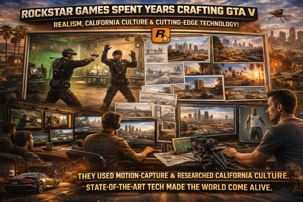 Behind-the-scenes illustration showing Rockstar Games developers creating GTA V using motion capture, multiple screens, and California-inspired city environments.