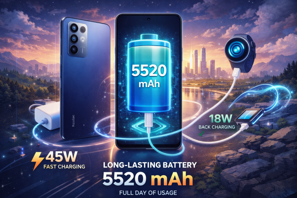 Redmi Note 15 smartphone showing 5520mAh battery, 45W fast charging and 18W reverse charging capability.