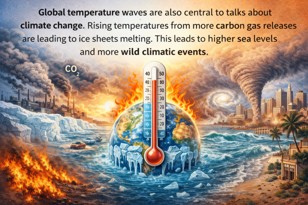 Illustration of global warming showing Earth with a rising thermometer, melting ice caps, floods, wildfires, CO₂ pollution, and extreme weather caused by climate change.