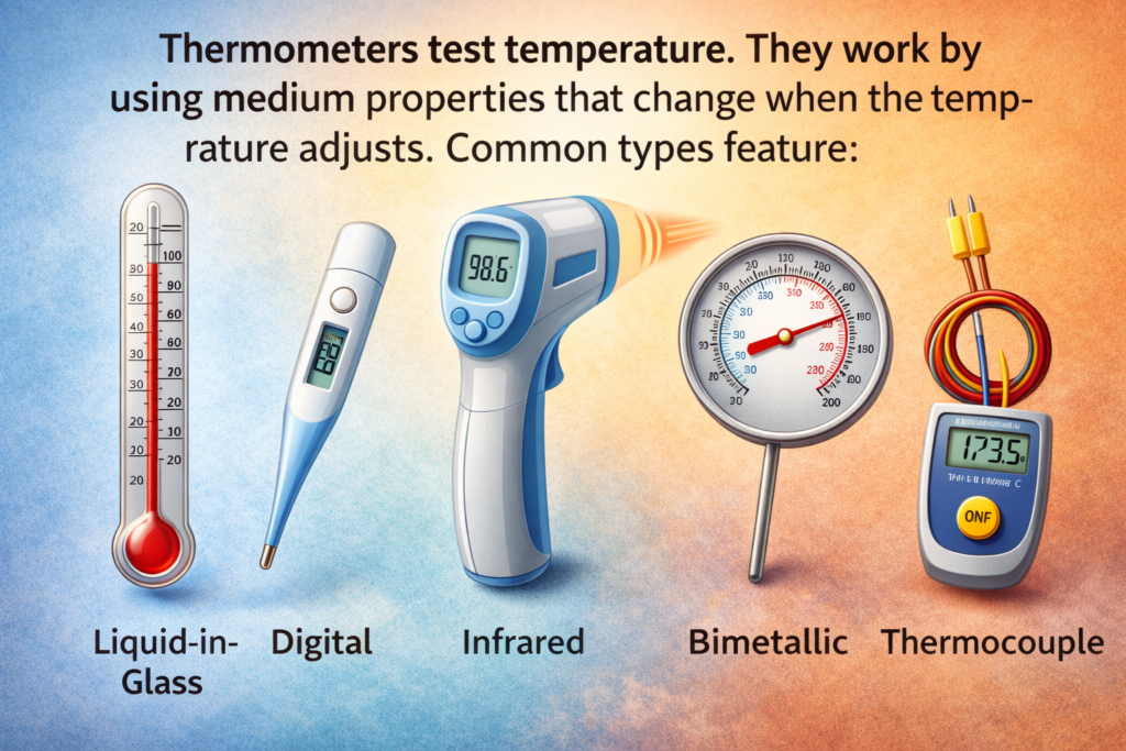 Diagram showing liquid-in-glass, digital, infrared, bimetallic, and thermocouple thermometers used to measure temperature
