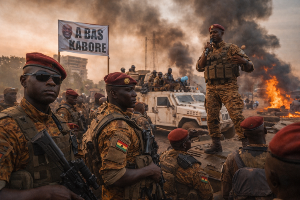 Armed soldiers wearing uniforms and red berets stand near an armored vehicle during a tense rally as smoke and fire rise in the background.