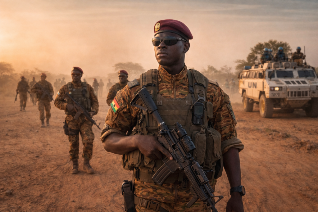 Peacekeeping soldiers in desert camouflage patrol a dusty road in the Sahel, with a UN armored vehicle following behind.
