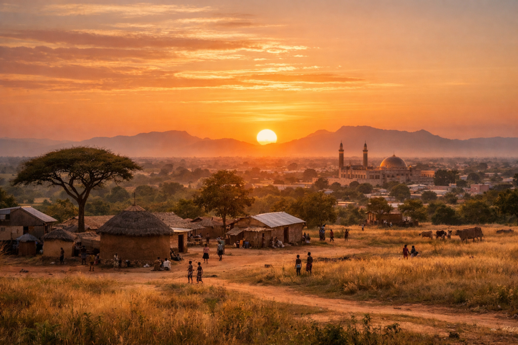 Golden sunset over a rural village in Burkina Faso’s Mouhoun region, reflecting the early life environment of President Ibrahim Traoré