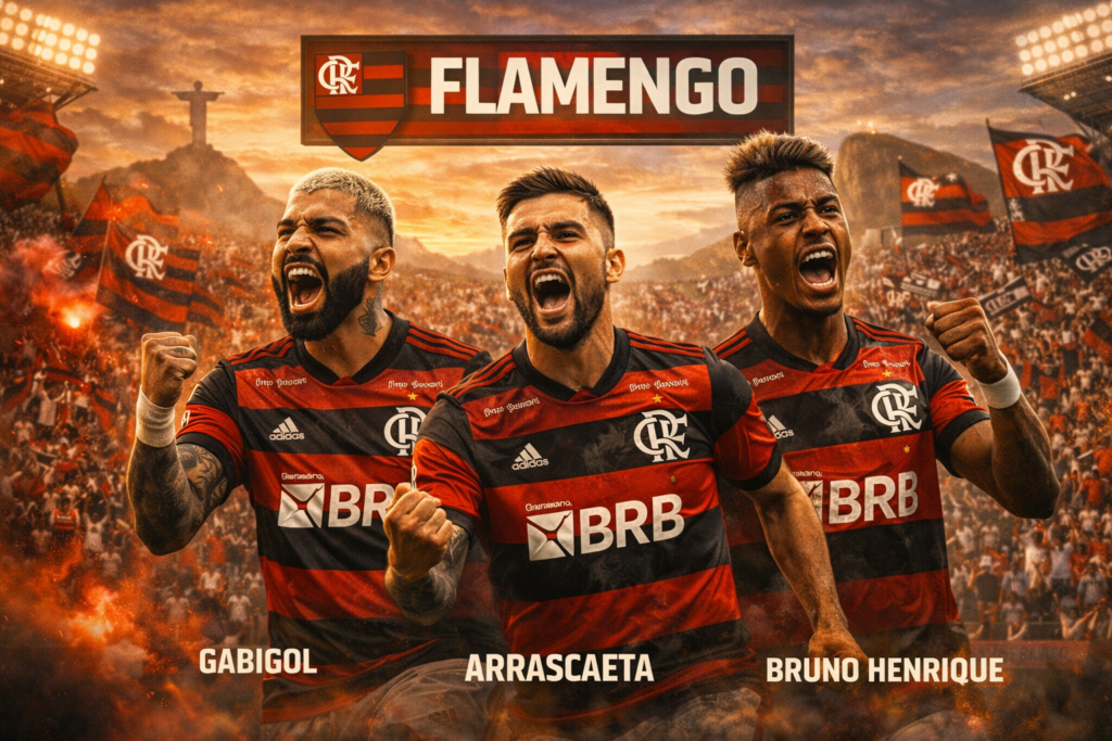 Flamengo football players celebrating in red and black kits with passionate fans in the background, representing the club’s modern dominance in Brazilian football