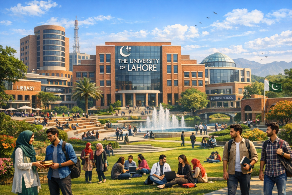 Students relaxing and studying on the main campus of The University of Lahore (UOL) in Pakistan on a sunny day.
