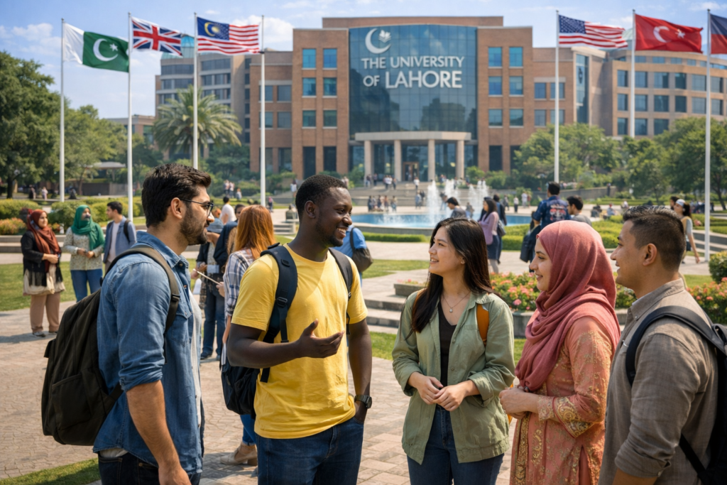 International students talking together on the campus of The University of Lahore (UOL) in Pakistan.