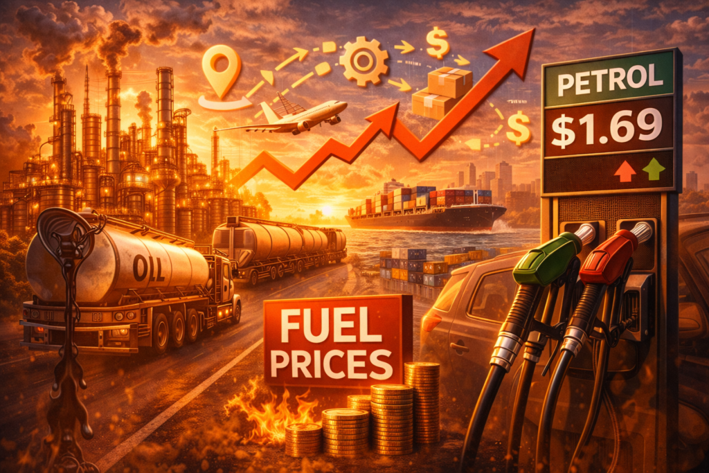Refinery, oil transport trucks, cargo ship, and petrol pump showing rising fuel prices and supply chain costs.