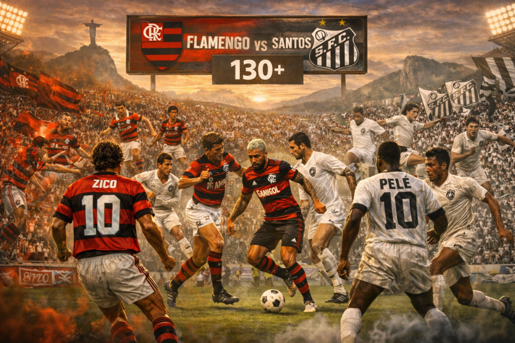 Flamengo vs Santos football rivalry illustration showing red and black and white kits, intense midfield action, packed stadium crowd, and Brazilian football atmosphere