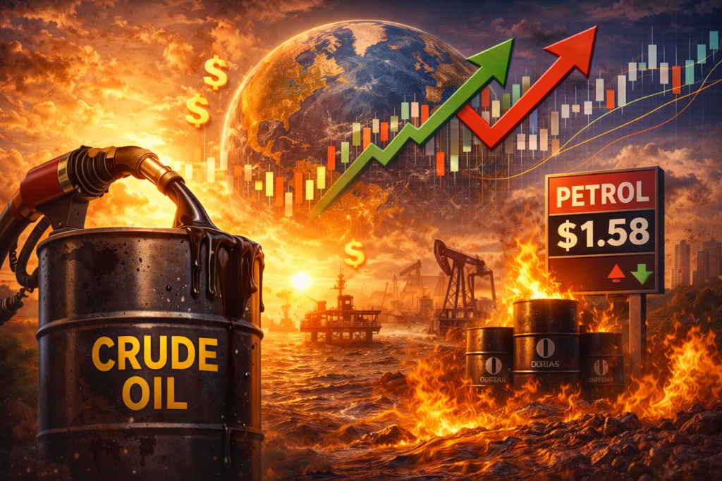 Crude oil barrel and fuel pump with rising price charts showing the link between oil prices and petrol costs.