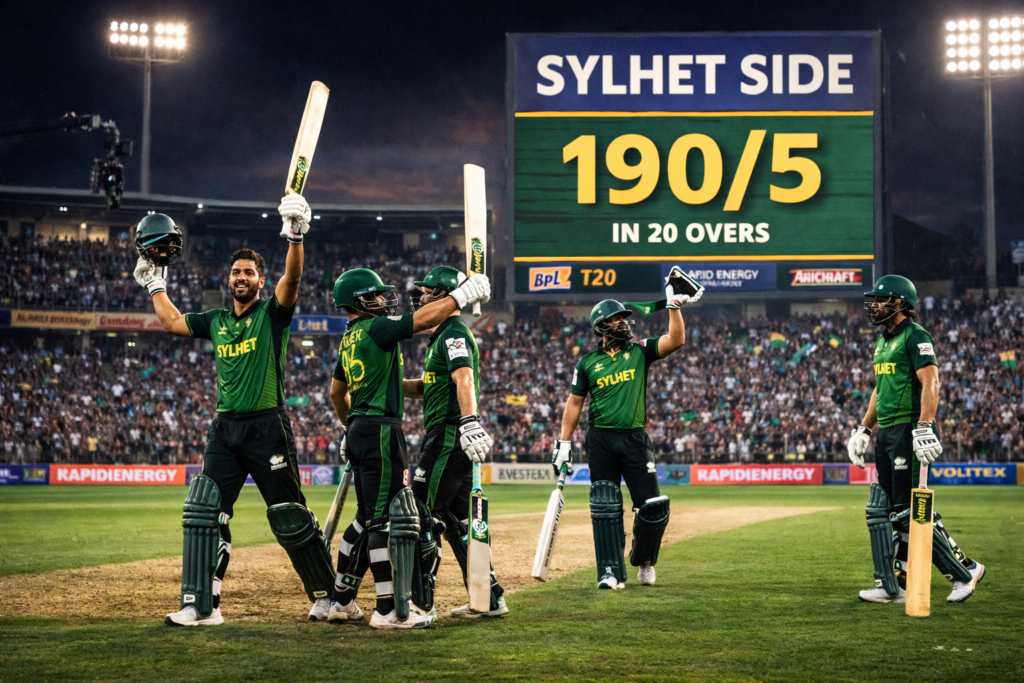 Sylhet Side cricketers celebrate on the field after posting 190 for 5 in a T20 match, with a packed stadium and scoreboard in the background.