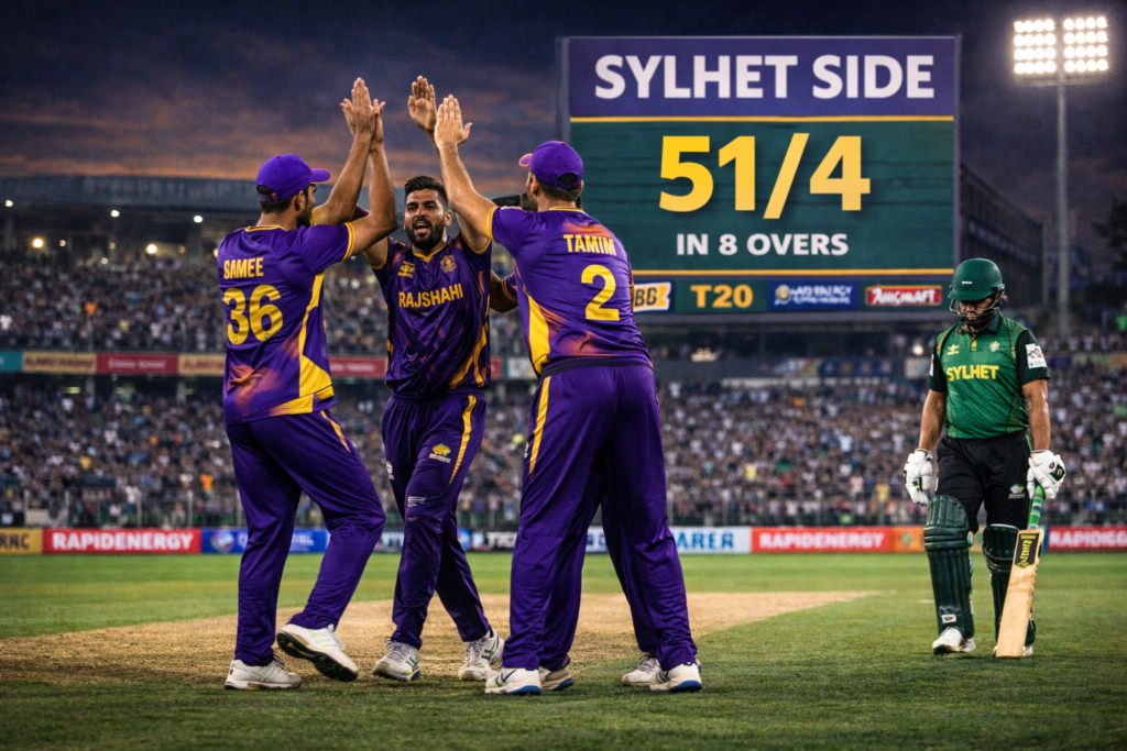 Rajshahi players in purple celebrate a wicket during a T20 match as the scoreboard shows Sylhet Side at 51 for 4 in 8 overs.