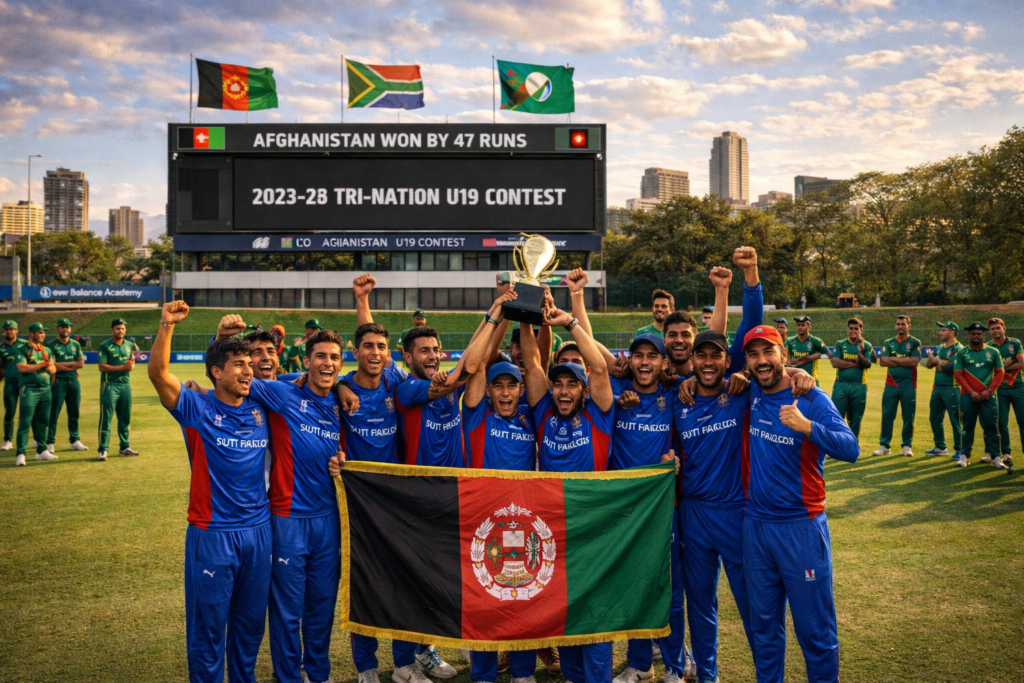 Afghanistan U-19 team celebrating their Tri-Nation U19 victory after beating South Africa by 47 runs.