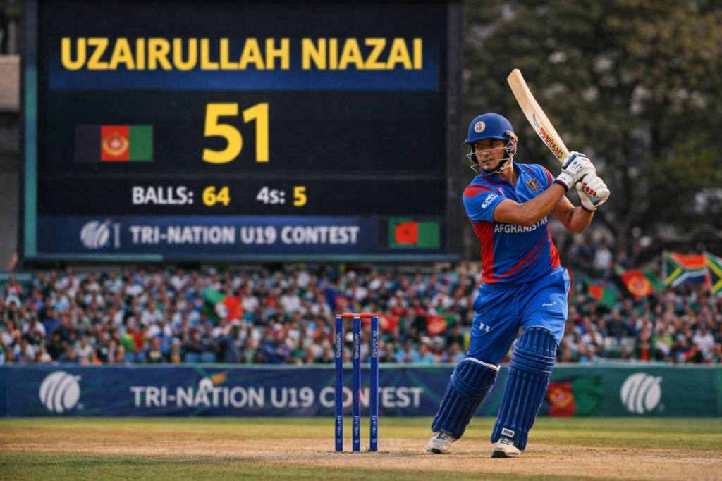 Uzairullah Niazai batting for Afghanistan U-19, scoring 51 runs in the Tri-Nation U19 contest.