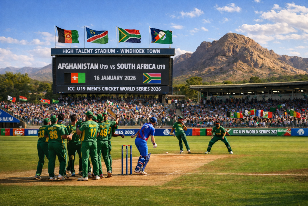 South Africa U-19 fielding against Afghanistan U-19 during the ICC U19 Men’s Cricket World Series 2026 in Windhoek.