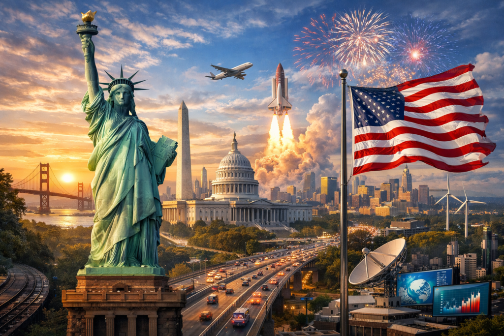 Statue of Liberty, U.S. Capitol, American flag, space shuttle launch, and modern city skyline at sunset representing America’s power and innovation.