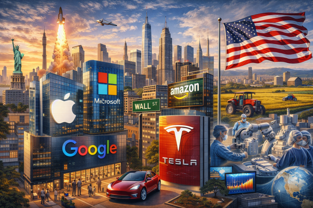 Major U.S. companies like Apple, Google, Microsoft, Amazon, and Tesla shown with the American flag, Wall Street, healthcare, agriculture, and technology.