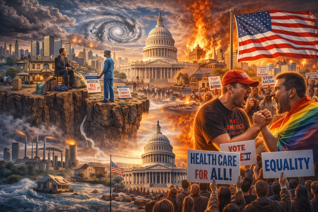 Political protests, climate disasters, economic inequality, healthcare issues, and social division shown around the U.S. Capitol and American flag.