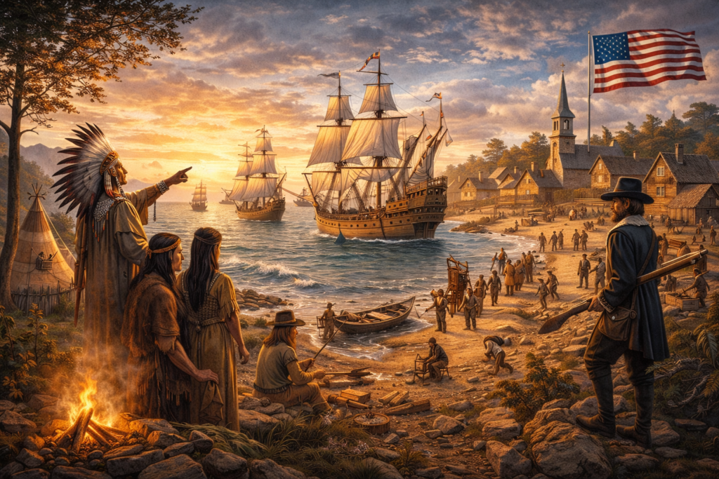 Native Americans watching European sailing ships arrive on the American coast as settlers establish early colonies.