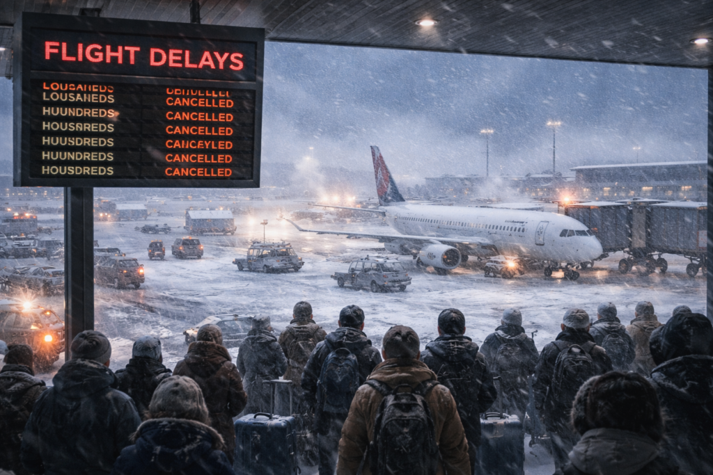 Passengers wait at a snow-covered airport as flight delays and cancellations mount during a severe winter storm