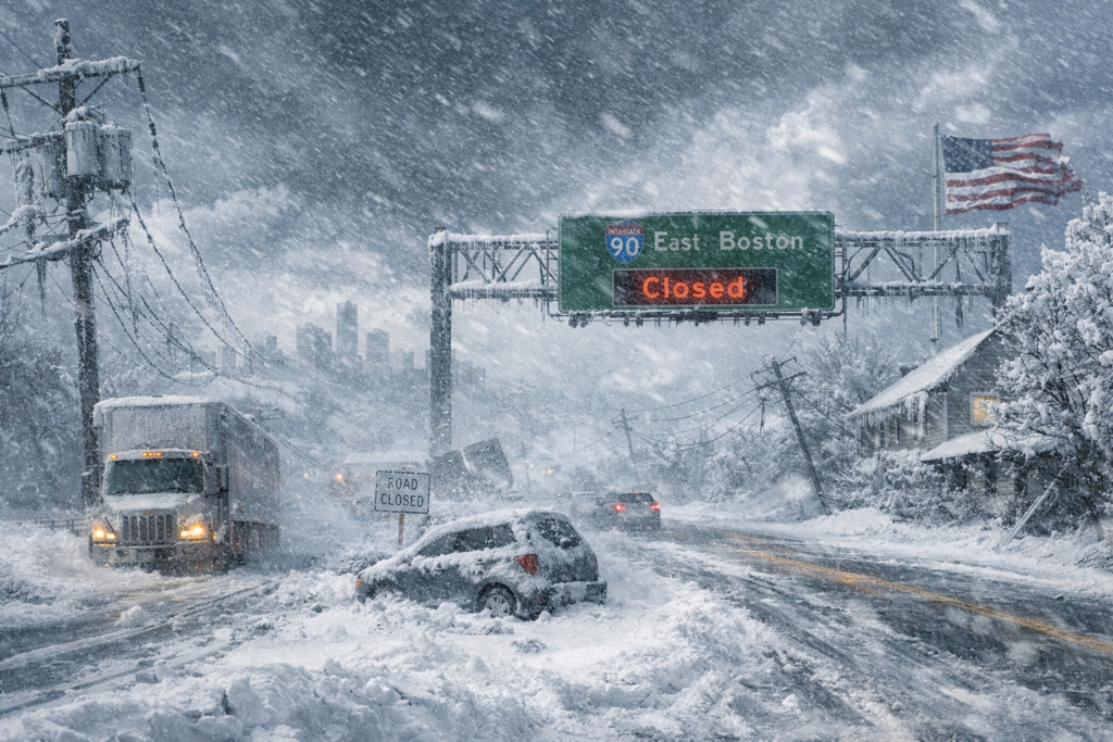 Severe winter storm closes highway near East Boston as snow, strong winds, and icy conditions disrupt travel