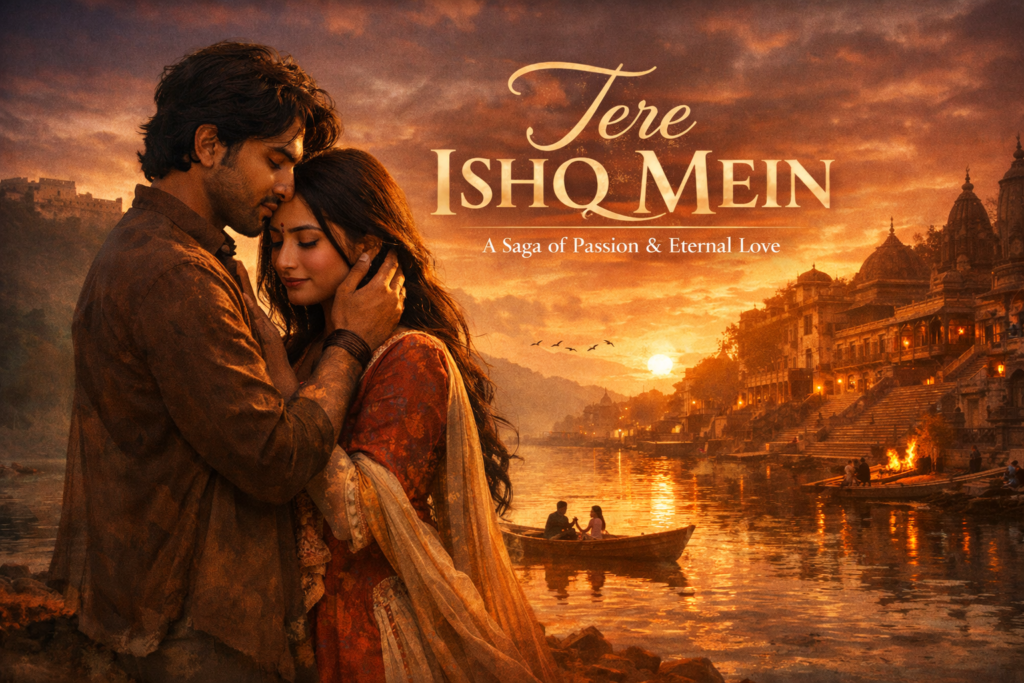 Romantic couple embracing by a river at sunset in Tere Ishq Mein, symbolizing intense love and emotional depth