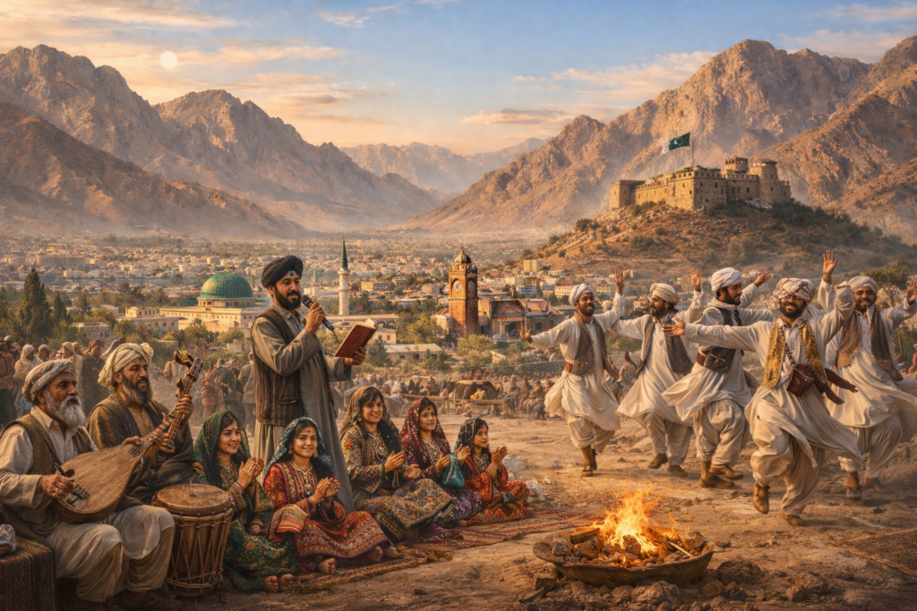 Cultural celebration in Quetta with Balochi and Pashtun people performing traditional music and dance