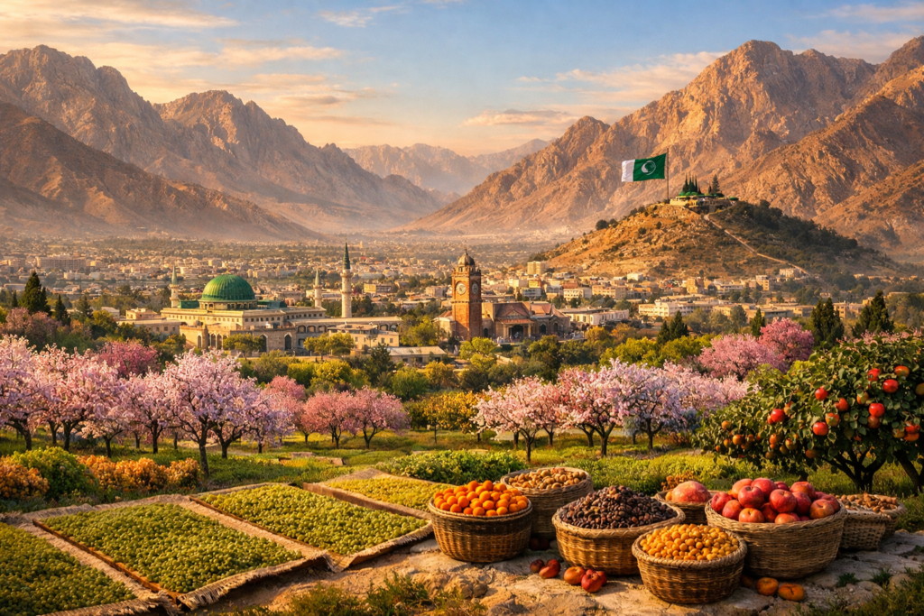 Quetta valley at sunset with orchards, mountains, and city landscape in Balochistan Pakistan