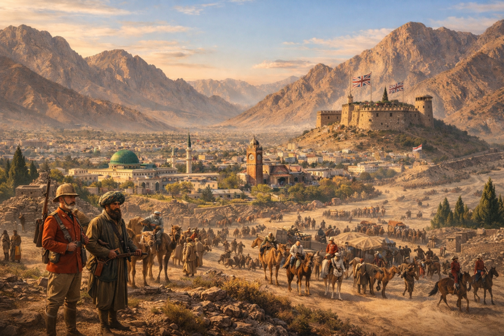 Quetta during the British colonial era showing forts, trade caravans, and strategic military presence in Balochistan