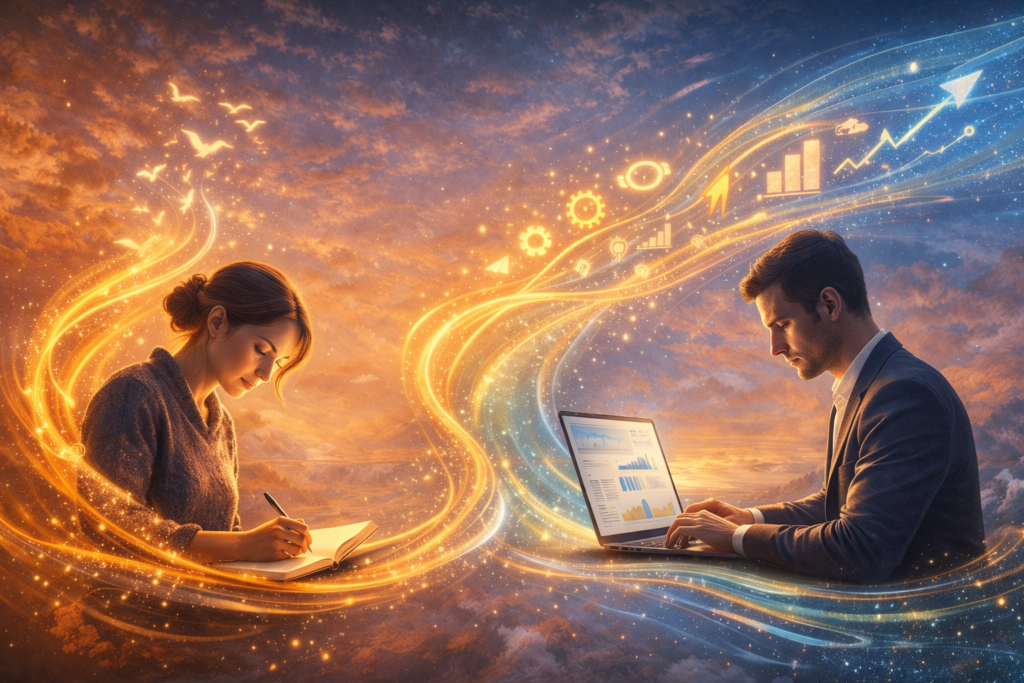 Illustration of two people in a flow state, one writing and one working on a laptop, connected by glowing streams symbolizing focus, creativity, and productivity.