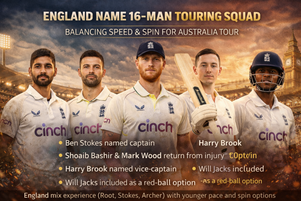 England cricket team announce 16-man touring squad for Australia featuring Ben Stokes as captain, Harry Brook as vice-captain, and a mix of pace and spin options