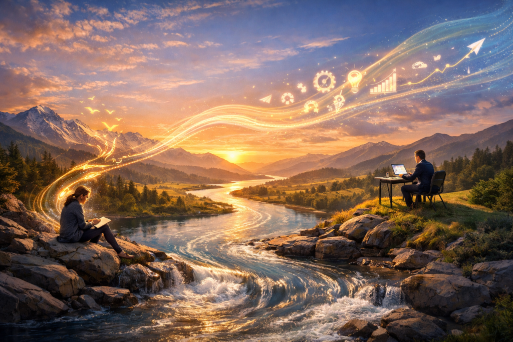 Illustration of flow showing a river at sunset connecting creative thinking and focused work, symbolizing harmony, productivity, and mental flow.
