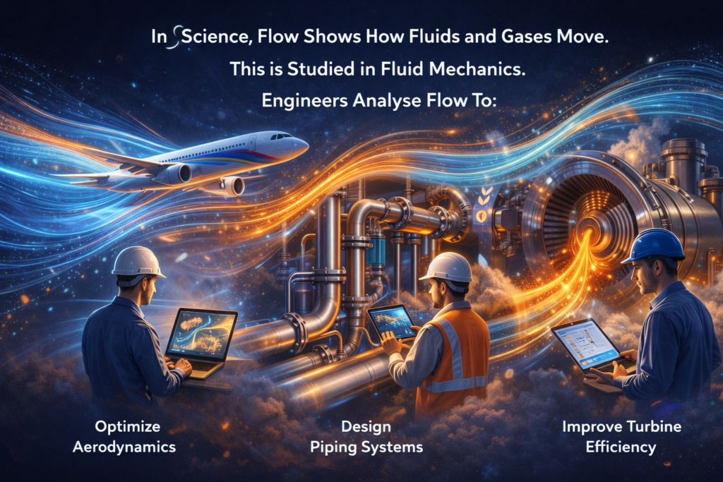 Illustration of engineers analyzing fluid flow in aerodynamics, piping systems, and turbine efficiency using fluid mechanics principles.