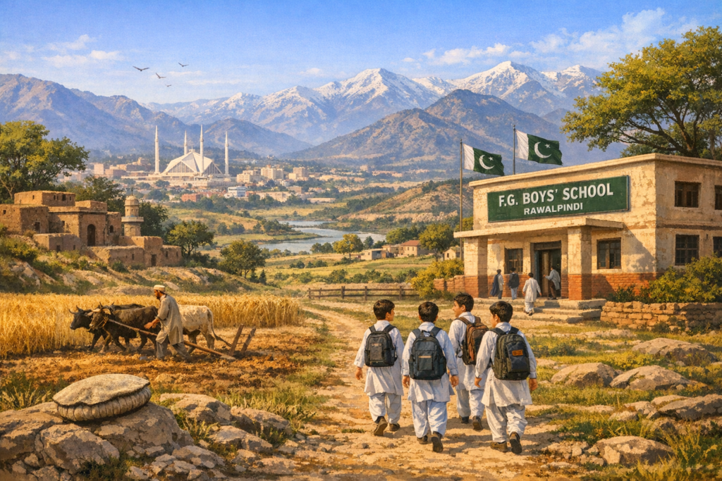 Mohammad Nawaz early life in Rawalpindi showing F.G. Boys’ School, rural landscape, and students walking to school in Pakistan.
